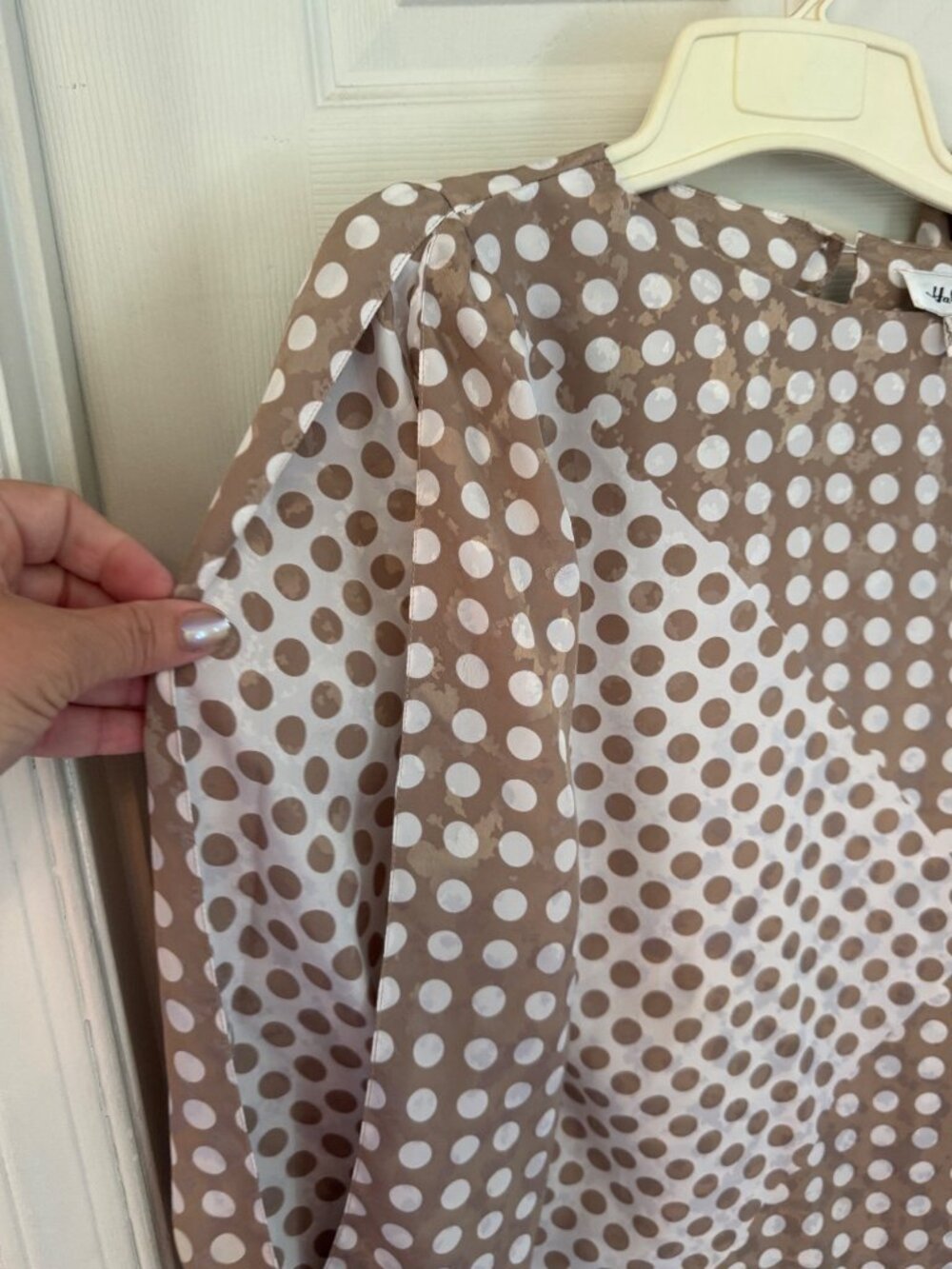 Vintage Hal Ferman Polka Dot Set Top Blouse Midi Skirt 8 Brown White Union Made - Picture 9 of 16